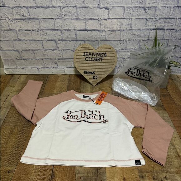 Von Dutch Raglan Embroidered Cropped Sweat Top Sz Large Dirty Pink NWT - Picture 1 of 11